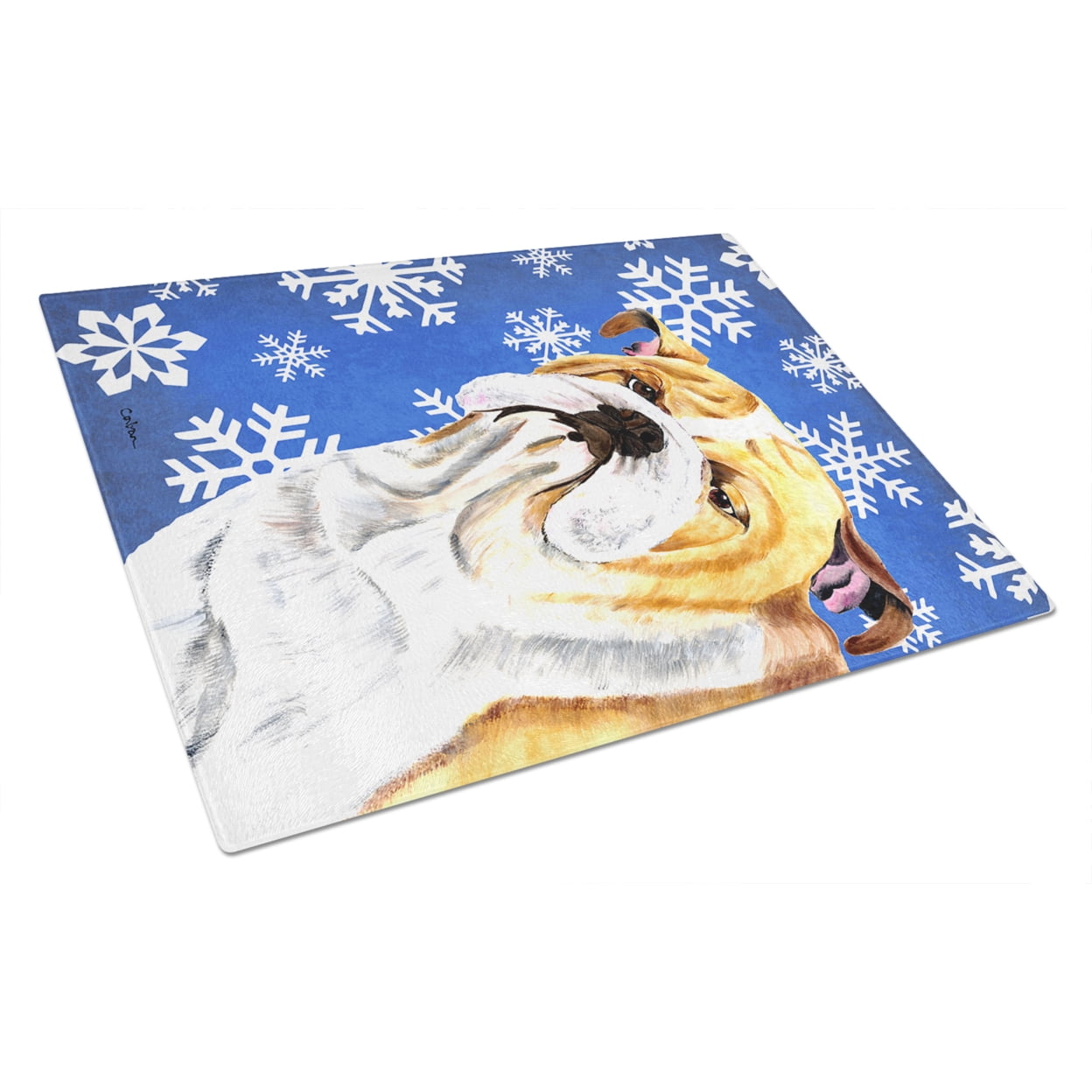Carolines Treasures SC9374LCB Bulldog English Winter Snowflakes Holiday Glass Cutting Board Large, 12H x 16W, multicolor