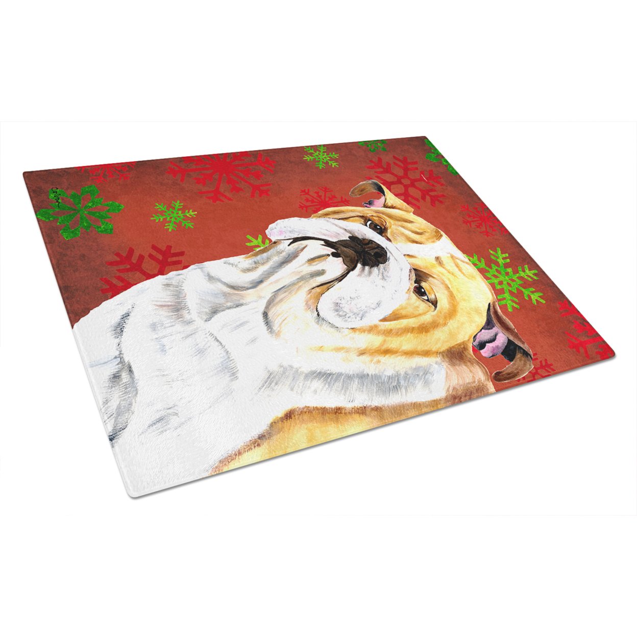 Carolines Treasures SC9414LCB Bulldog English Red and Green Snowflakes Holiday Christmas Glass Cutting Board Large, 12H