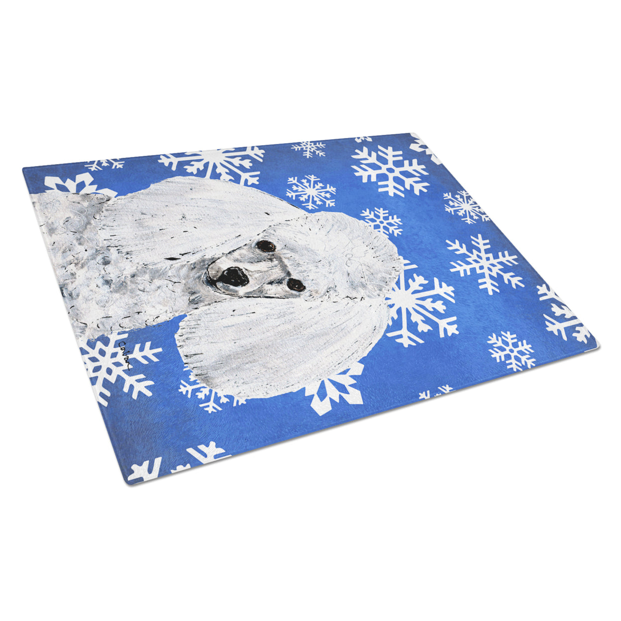 Carolines Treasures SC9773LCB White Toy Poodle Winter Snowflakes Glass Cutting Board Large, 12H x 16W, multicolor