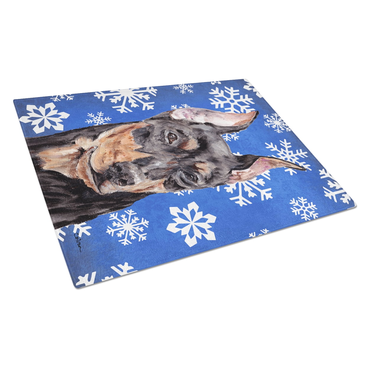 Carolines Treasures SC9788LCB German Pinscher Winter Snowflakes Glass Cutting Board Large, 12H x 16W, multicolor