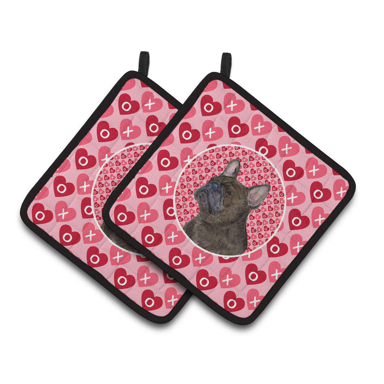 Carolines Treasures SS4519PTHD French Bulldog Hearts Love and Valentines Day Portrait Pair of Pot Holders 7.5HX7.5W
