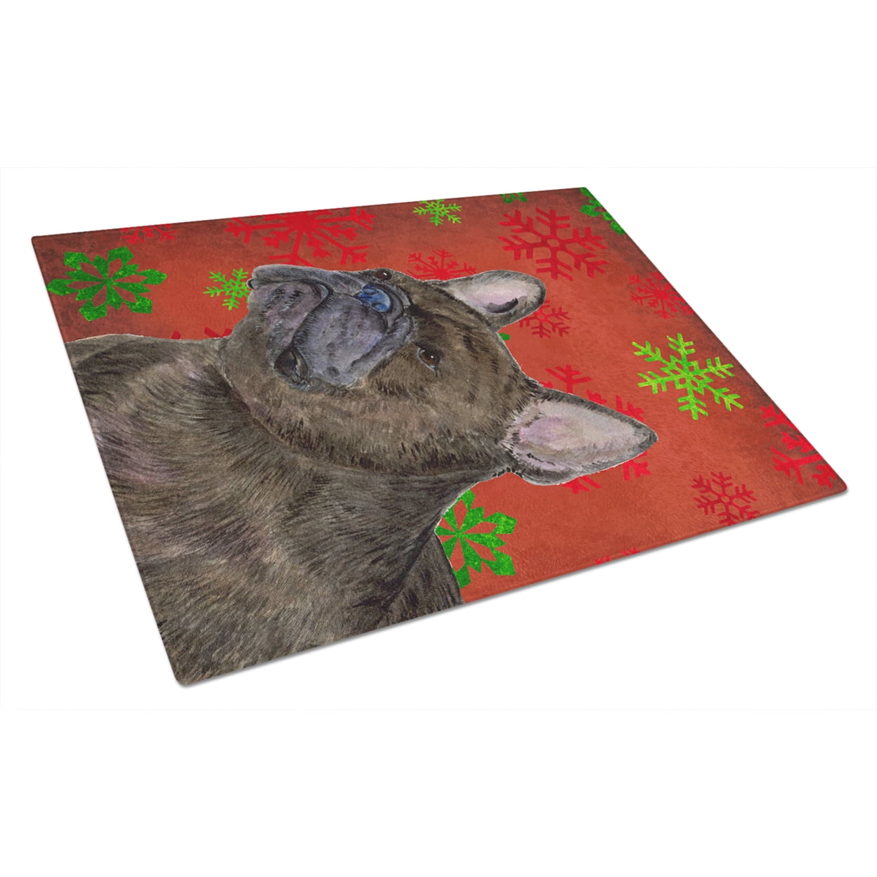 Carolines Treasures SS4726LCB French Bulldog Red and Green Snowflakes Holiday Christmas Glass Cutting Board Large, 12H x