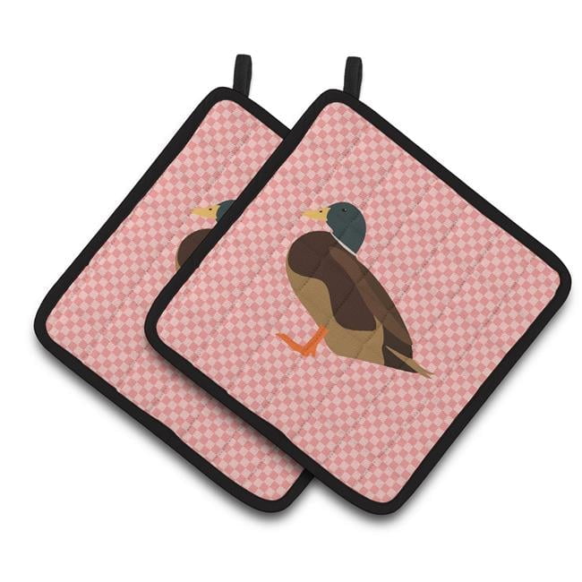 Carolines Treasures Silver Bantam Duck Pink Check Pair of Pot Holders 7.5HX7.5W multicolor