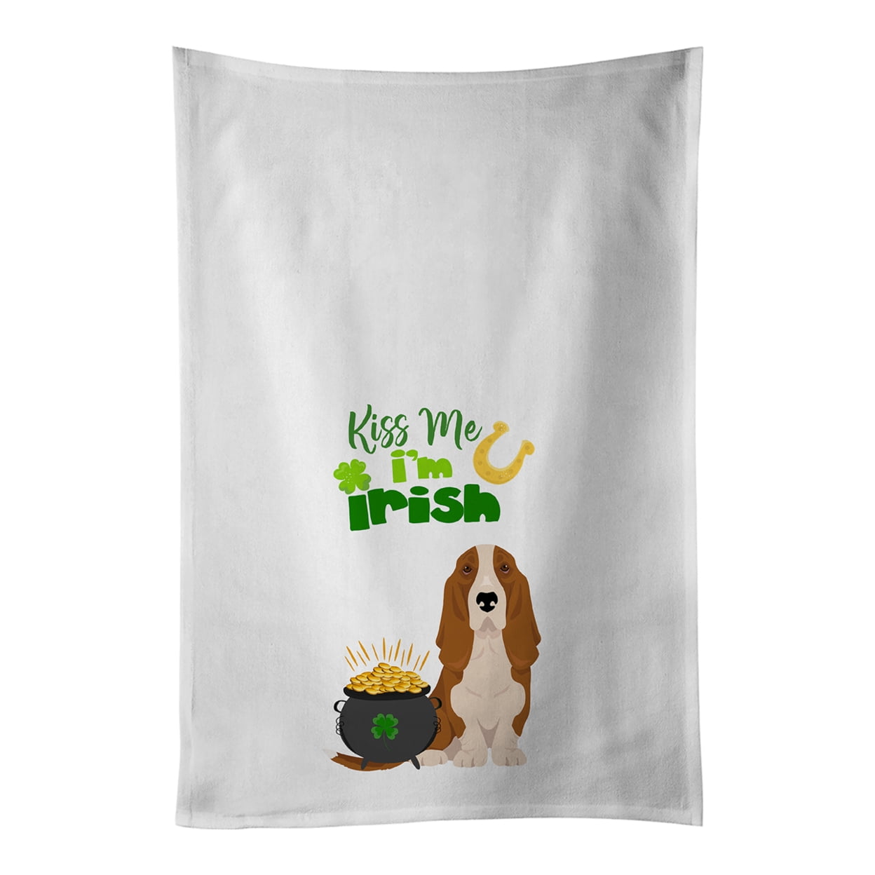 Red and White Tricolor Basset Hound St. Patrick's Day White Kitchen Towel Set of 2 Dish Towels 19 in x 28 in