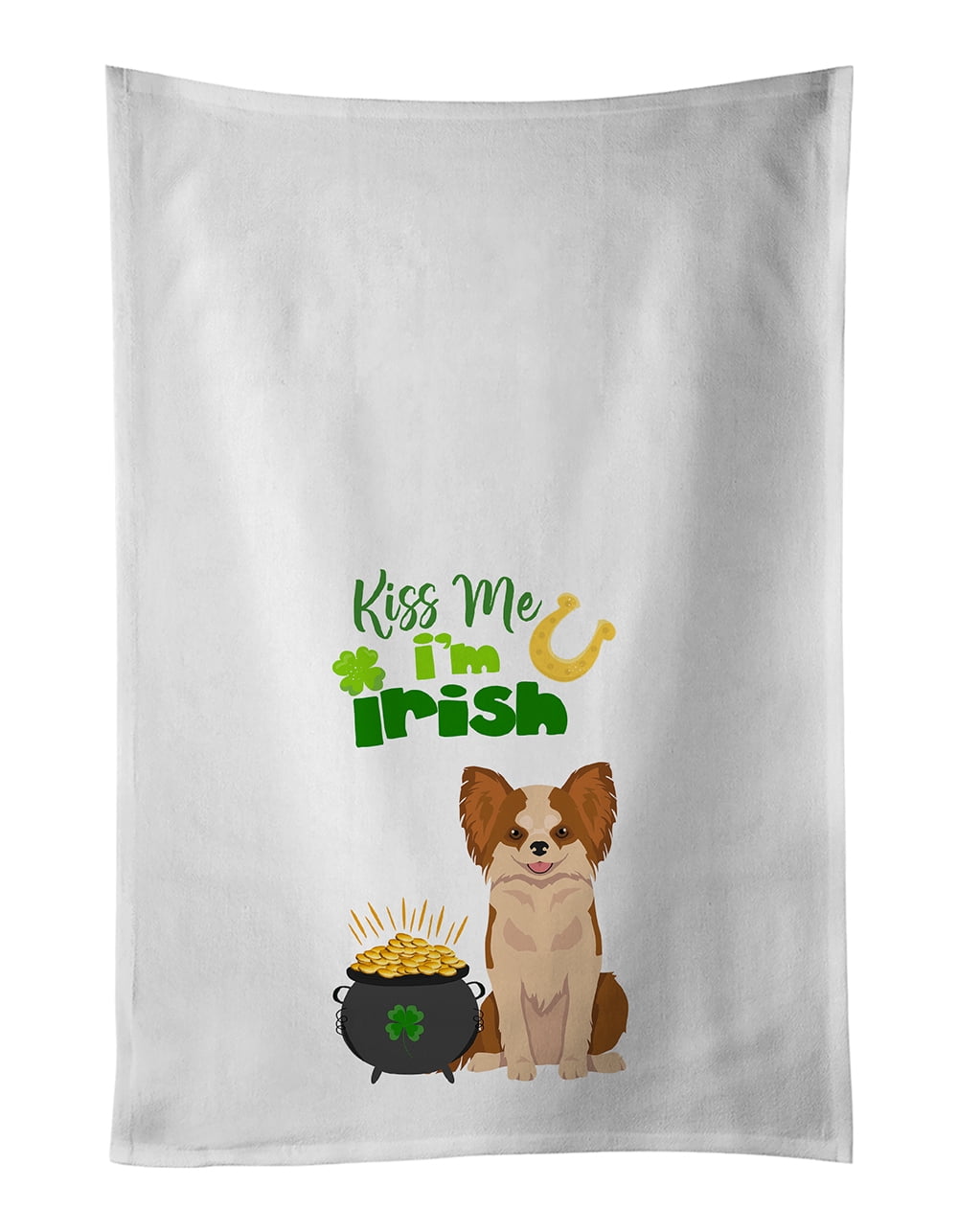 Longhaired Red and White Chihuahua St. Patrick's Day White Kitchen Towel Set of 2 Dish Towels 19 in x 28 in