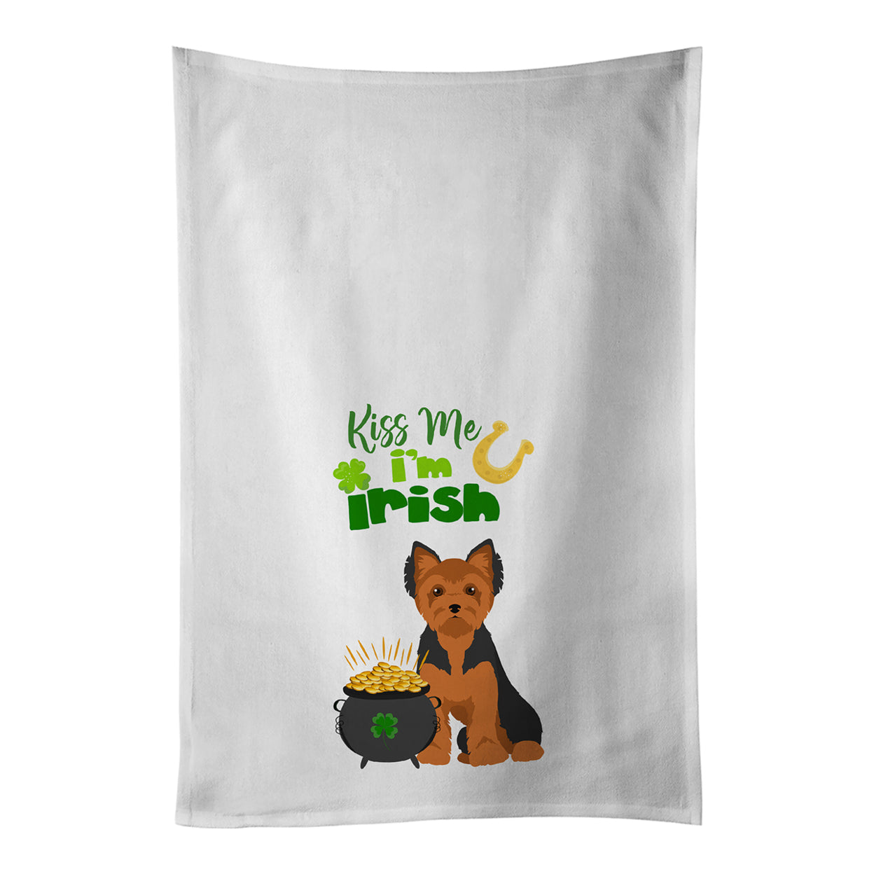 Black and Tan Puppy Cut Yorkshire Terrier St. Patrick's Day White Kitchen Towel Set of 2 Dish Towels 19 in x 28 in