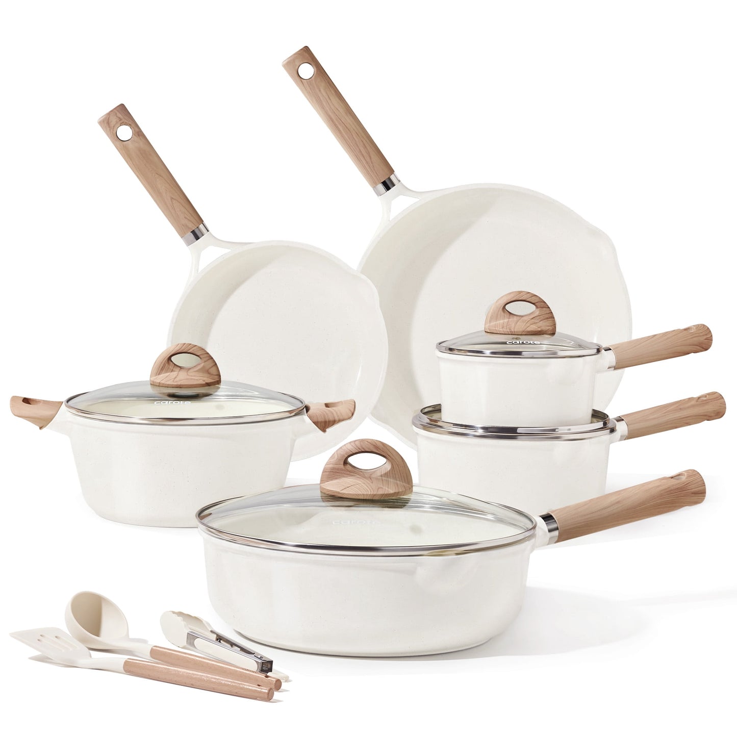 Carote Ceramic Nonstick Pots and Pans Set, 13 Pieces Kitchen Cookware Sets Compatible for All Stoves, White Granite