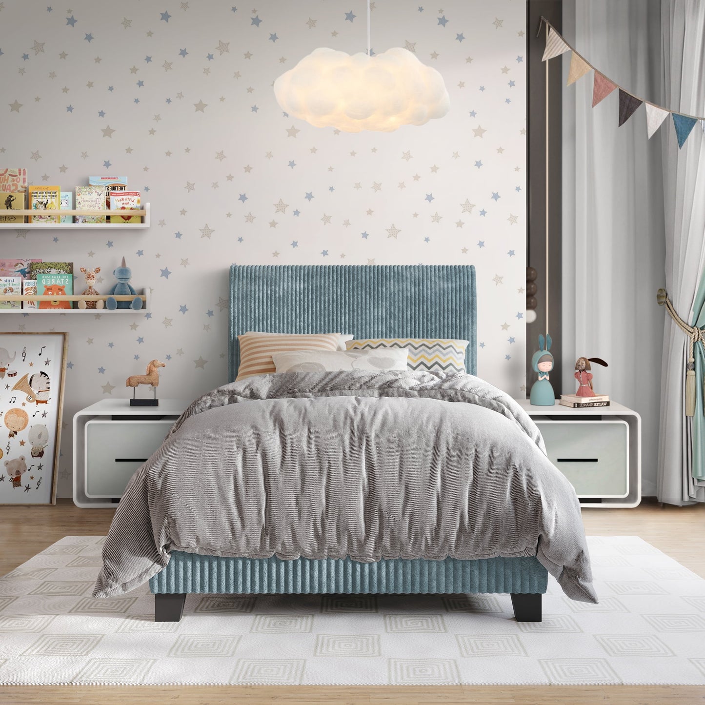 Castle Place Cama Twin Elegante Tapizada en Terciopelo de Pana, Azul Claro