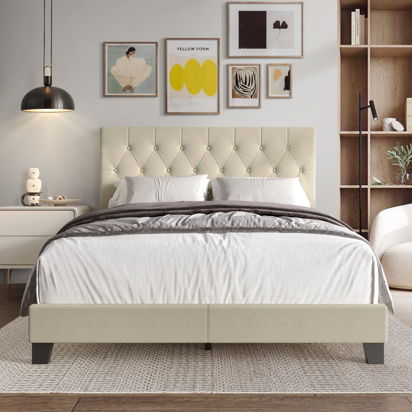 Castle Place Classic Button Tufted Linen Upholstered Bed, Light Grey, Queen