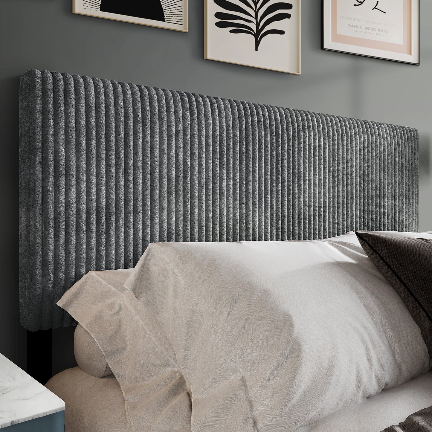 Castle Place Queen Upholstered Headboard, Corduroy Velvet, Grey