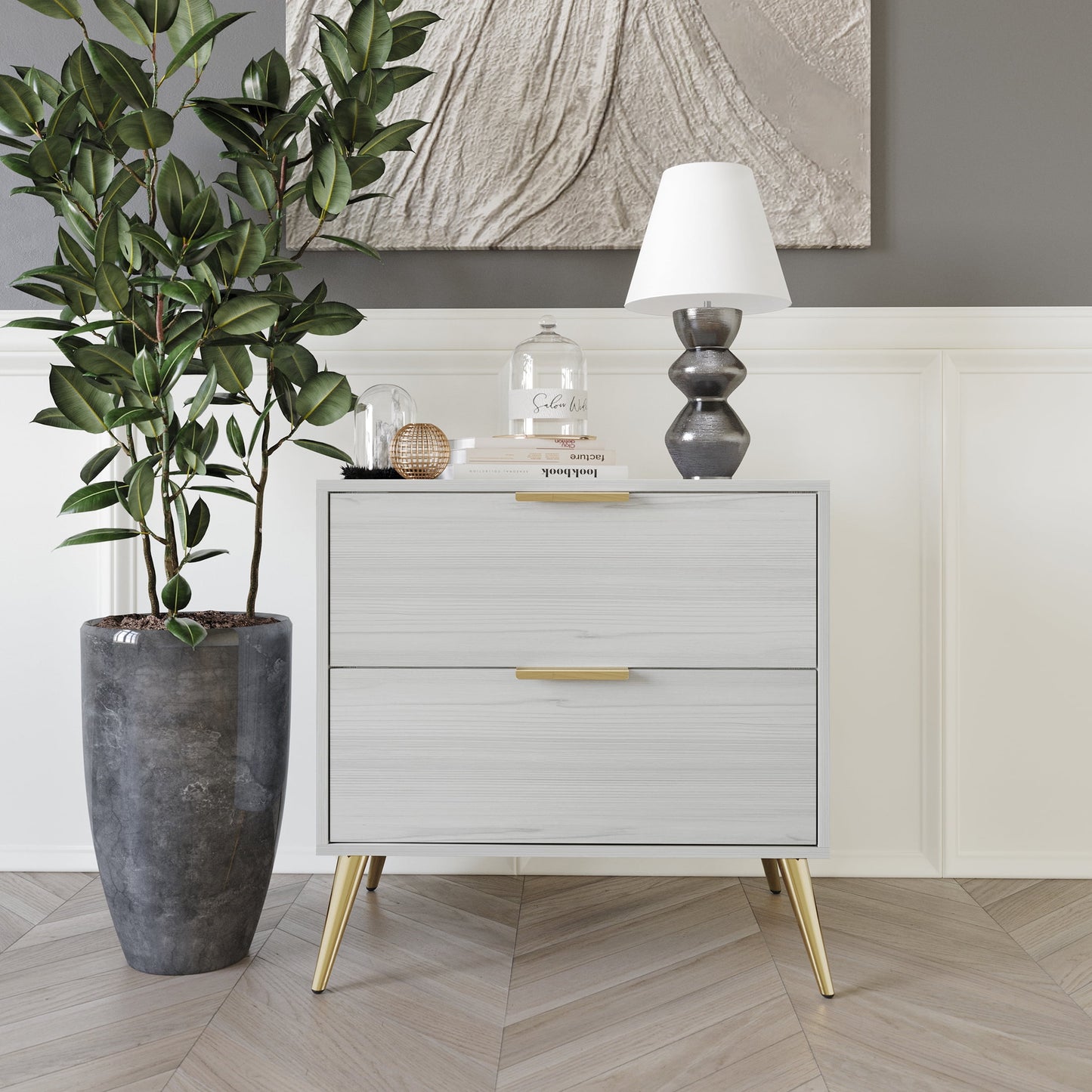 Castle Place Glam 2 Drawers Wooden Nightstand, Light Grey