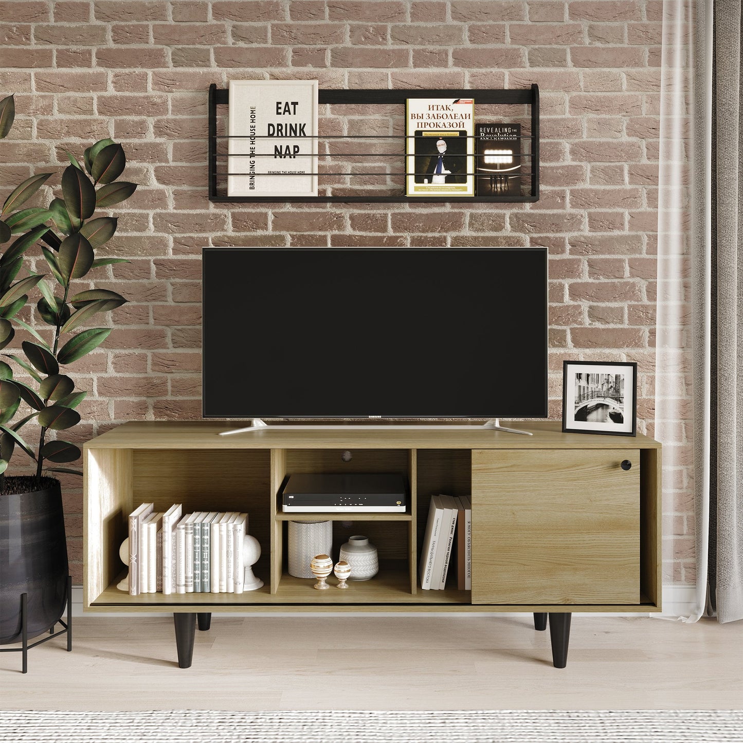 Castle Place Mid-Century Modern TV Stand Console for TVs up to 60", Light Oak