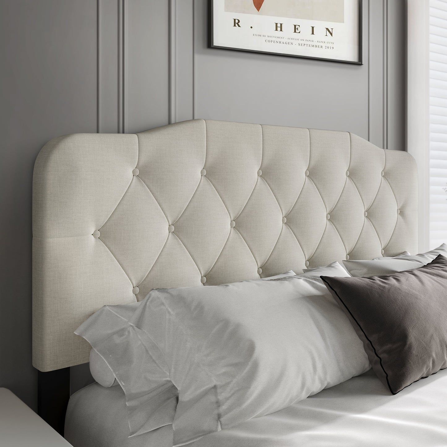 Castle Place Modern Button-Tufted Linen Queen Upholstered Headboard, Warm Grey