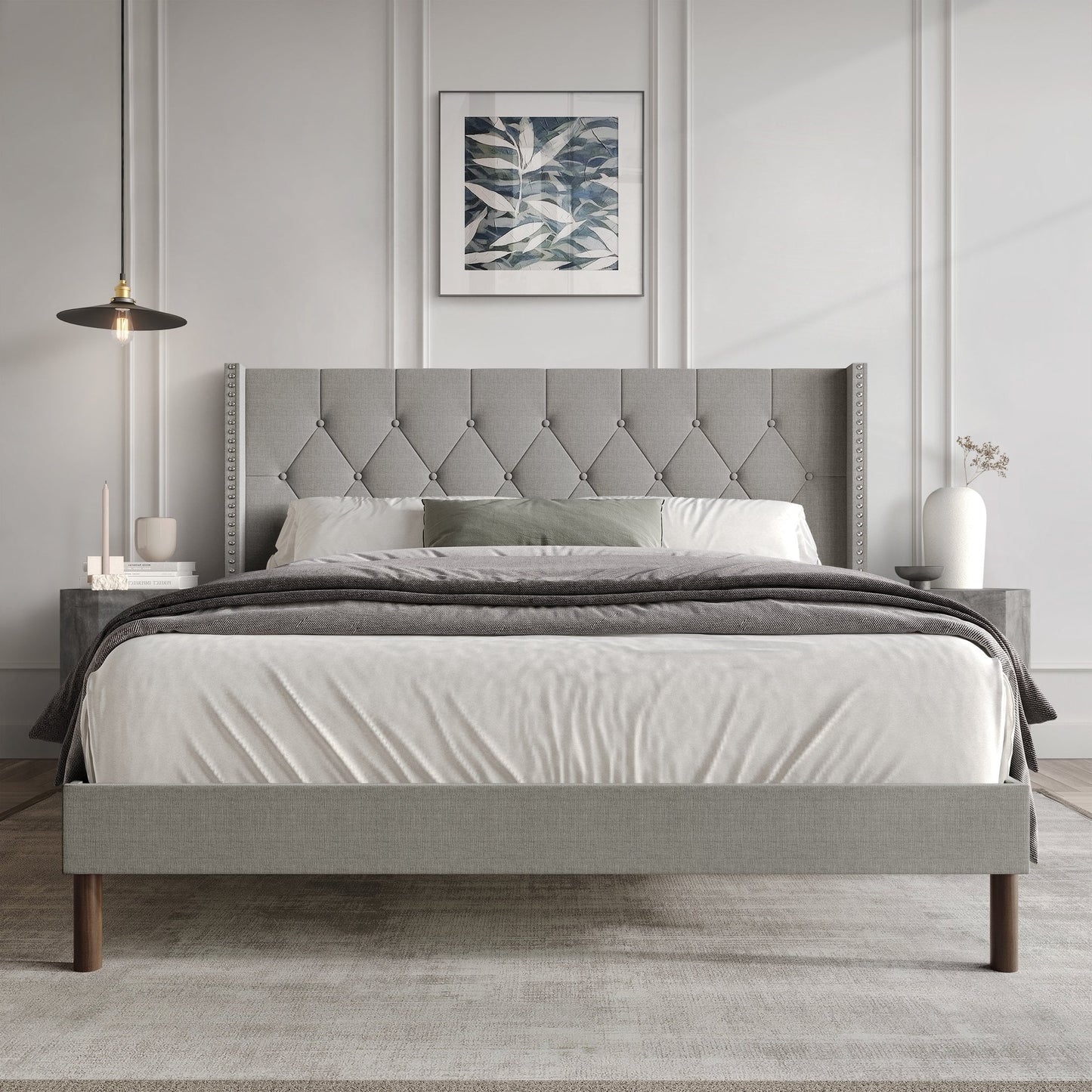Castle Place Nailhead Trim Tufted Linen Upholstered Wingback Full Bed, Light Grey