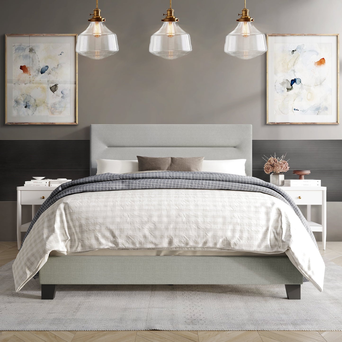Castle Place Simple Linen Upholstered Twin Bed, Grey