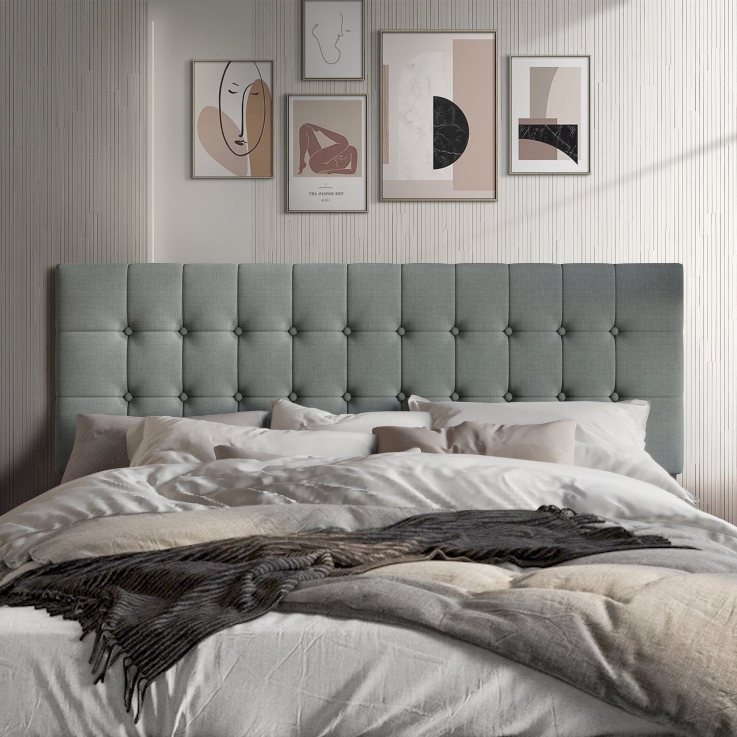 Castle Place Upholstered Button Tufted Linen Headboard, Light Grey, Queen