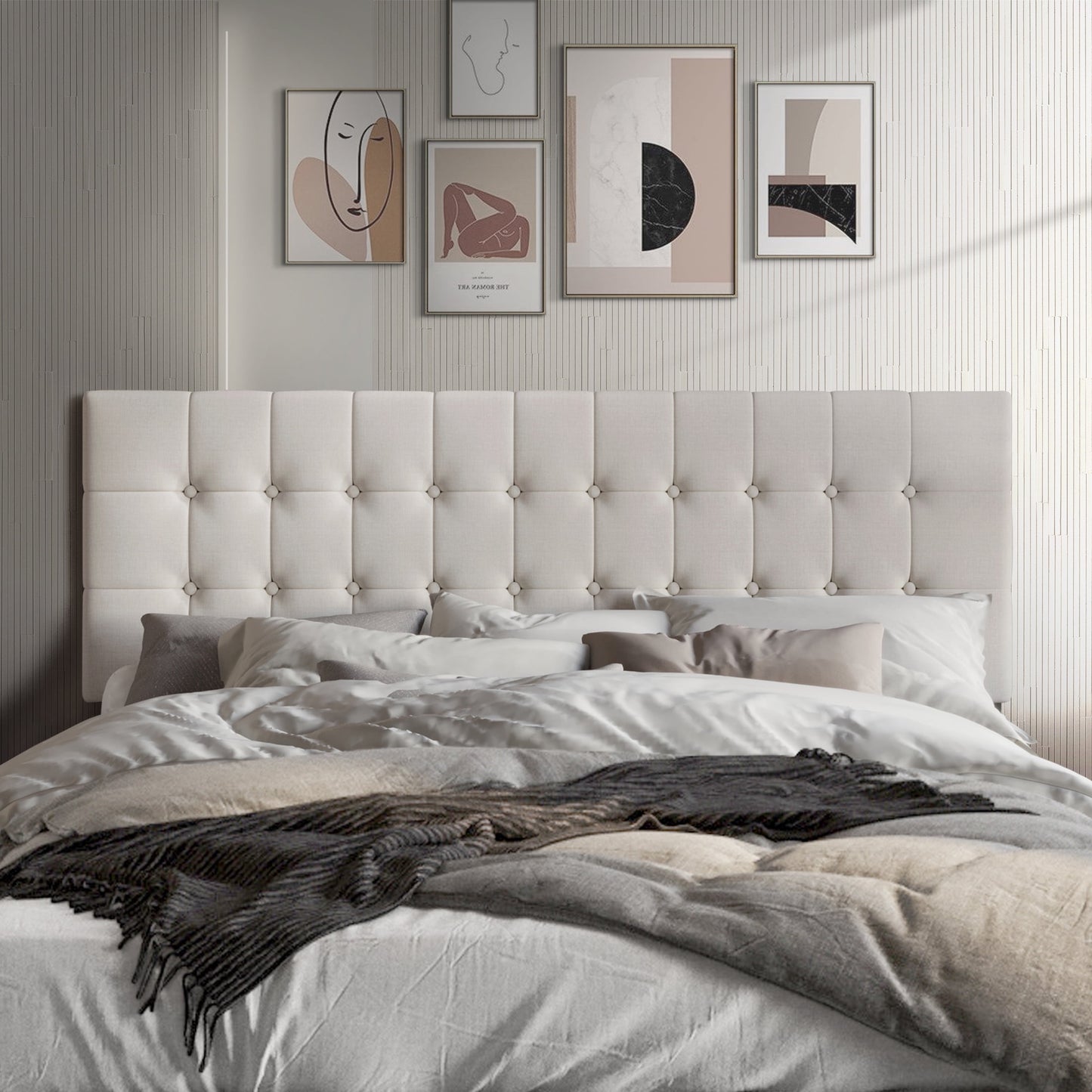 Castle Place Upholstered Button Tufted Linen Headboard, Warm Grey, Twin