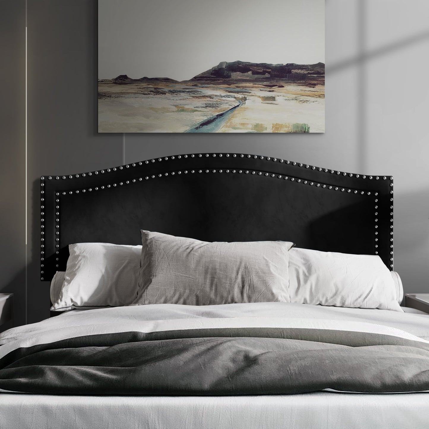 Castle Place Upholstered Nailhead Trimmed Headboard, Navy Blue Velvet, Full