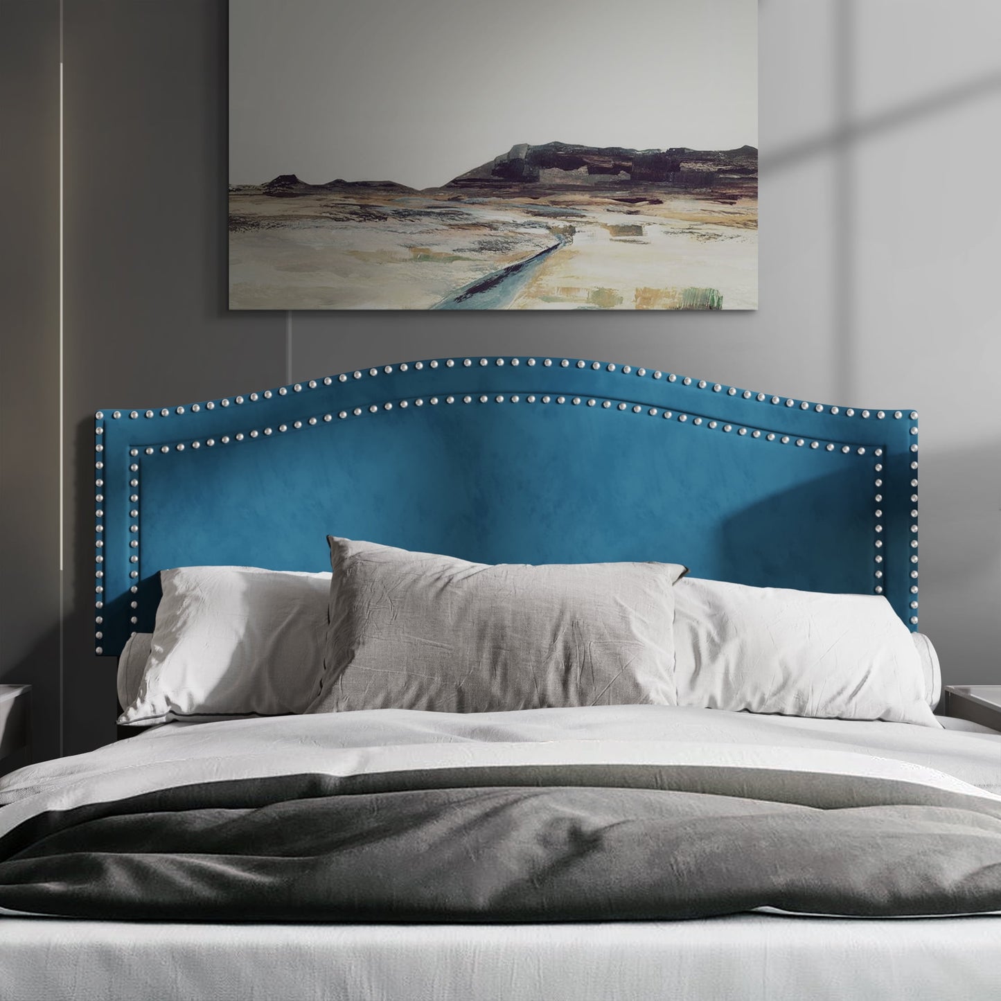 Castle Place Upholstered Nailhead Trimmed Headboard, Navy Blue Velvet, Queen