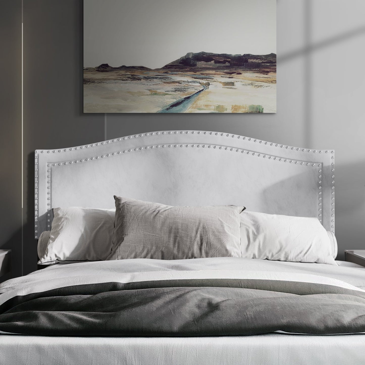 Castle Place Upholstered Nailhead Trimmed Headboard, Silver Grey Velvet, Queen