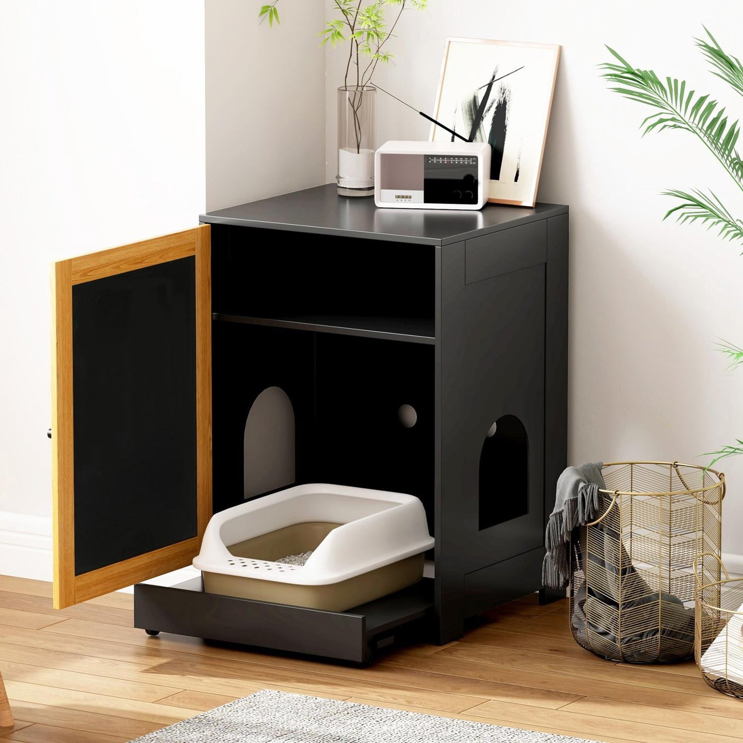Cat Litter Box Enclosure End Table, Hidden Enclosed Cat Washroom Cabinet with Sisal Scratching Door and Pull-Out Tray, Litter Box Cover with Storage Shelf, Black