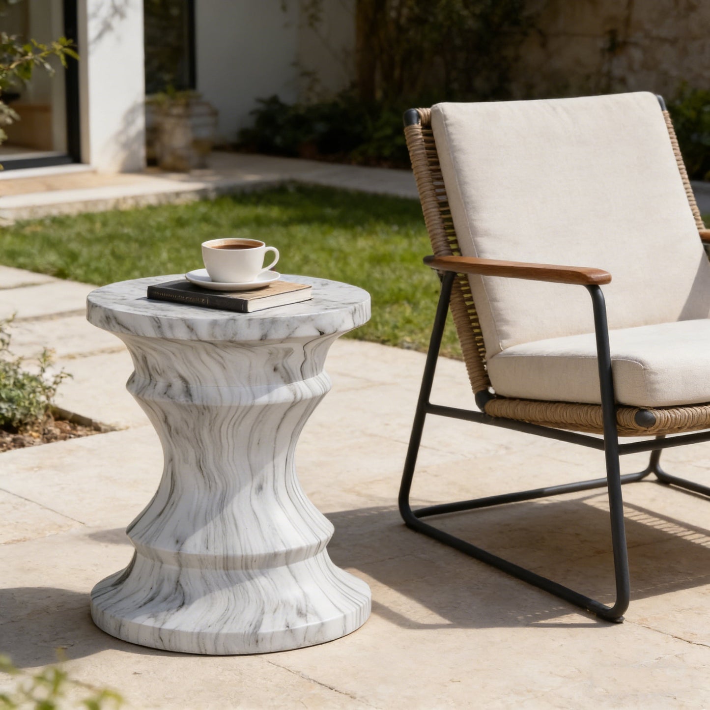 Cement Side Table, Faux Terrazzo Modern Round Accent End Table for Patio Garden Outdoor Home Decor, Marble