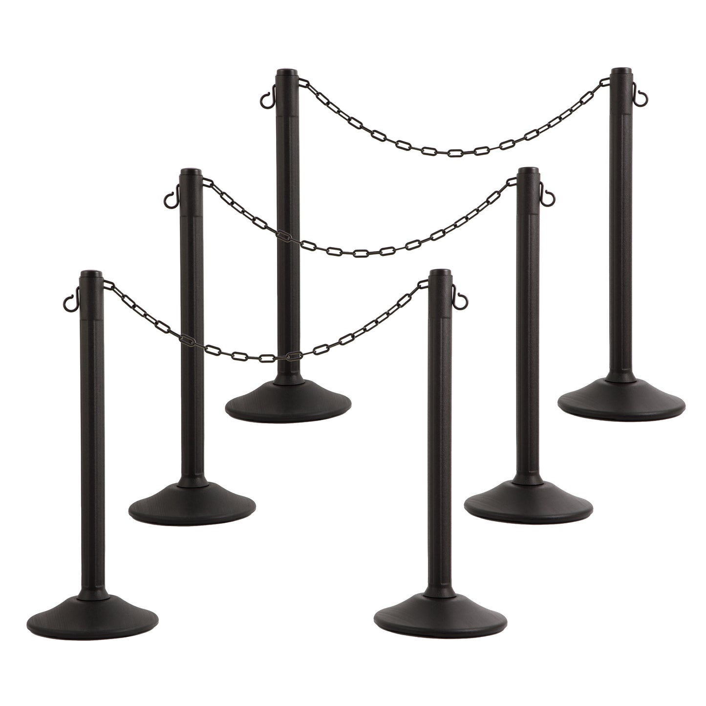ChainBoss Heavy Duty Fillable Black Plastic Stanchions Crowd Control Barriers With 10' of Black Plastic Chain Kit (6-Pack)