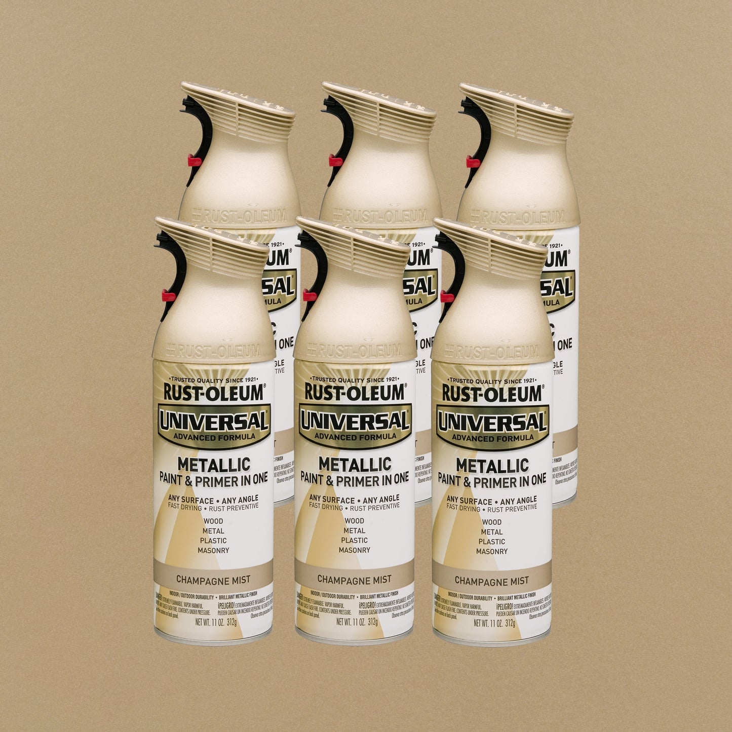 6 Pack, Champagne Mist, Rust-Oleum Universal All Surface Interior/Exterior Metallic Spray Paint-261415, 11 oz