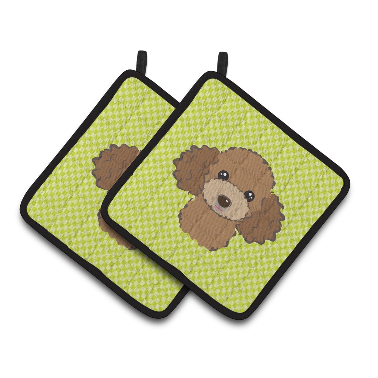 Checkerboard Lime Green Chocolate Brown Poodle Pair of Pot Holders