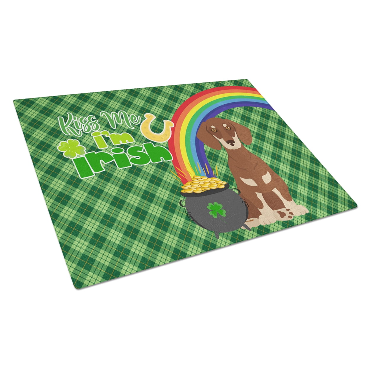 Chocolate and Cream Dachshund St. Patrick's Day Glass Cutting Board Large 12 in x 15 in