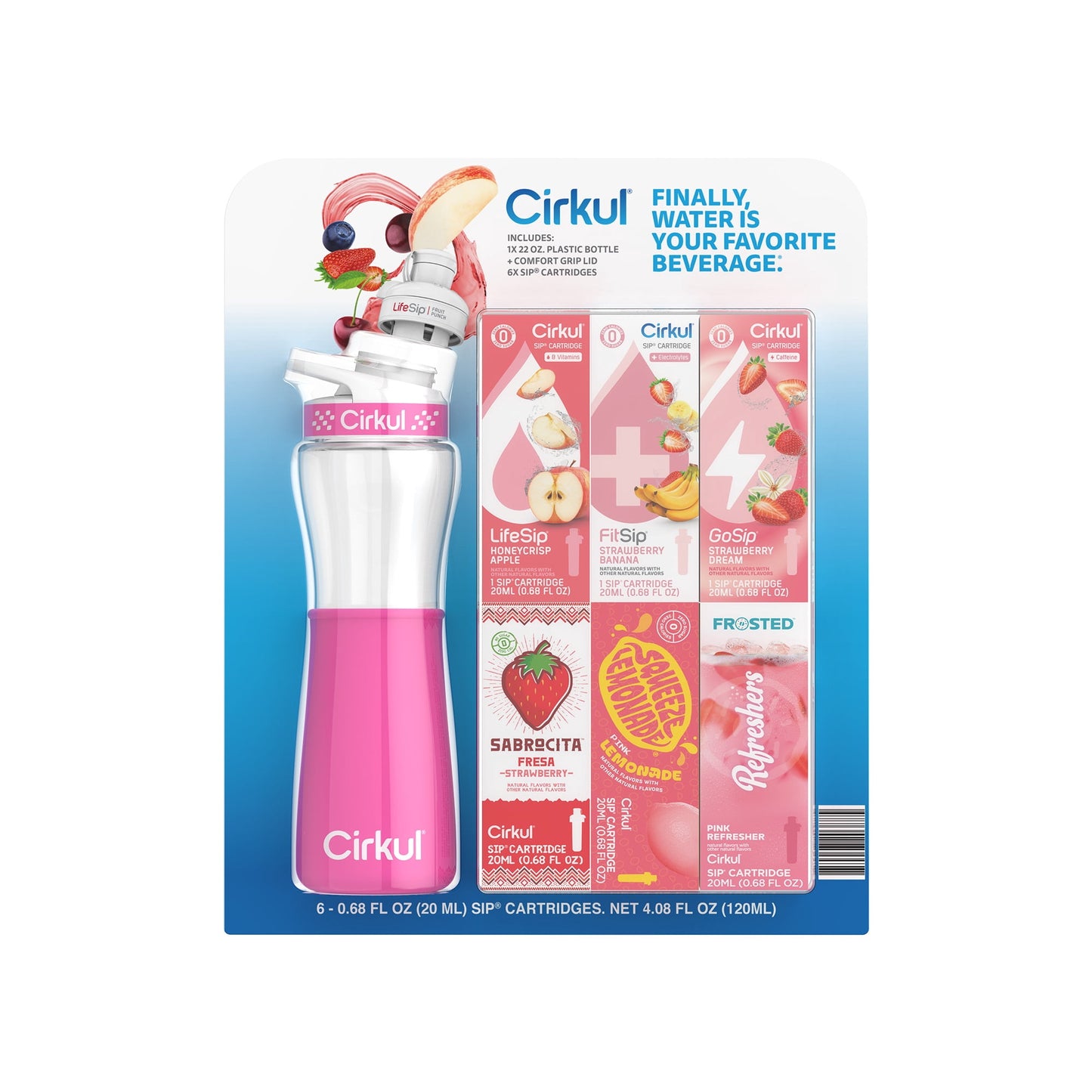 Cirkul 22 fl oz Plastic Bottle and Blue Chill Sleeve Value Pack with 6 Flavor Cartridges