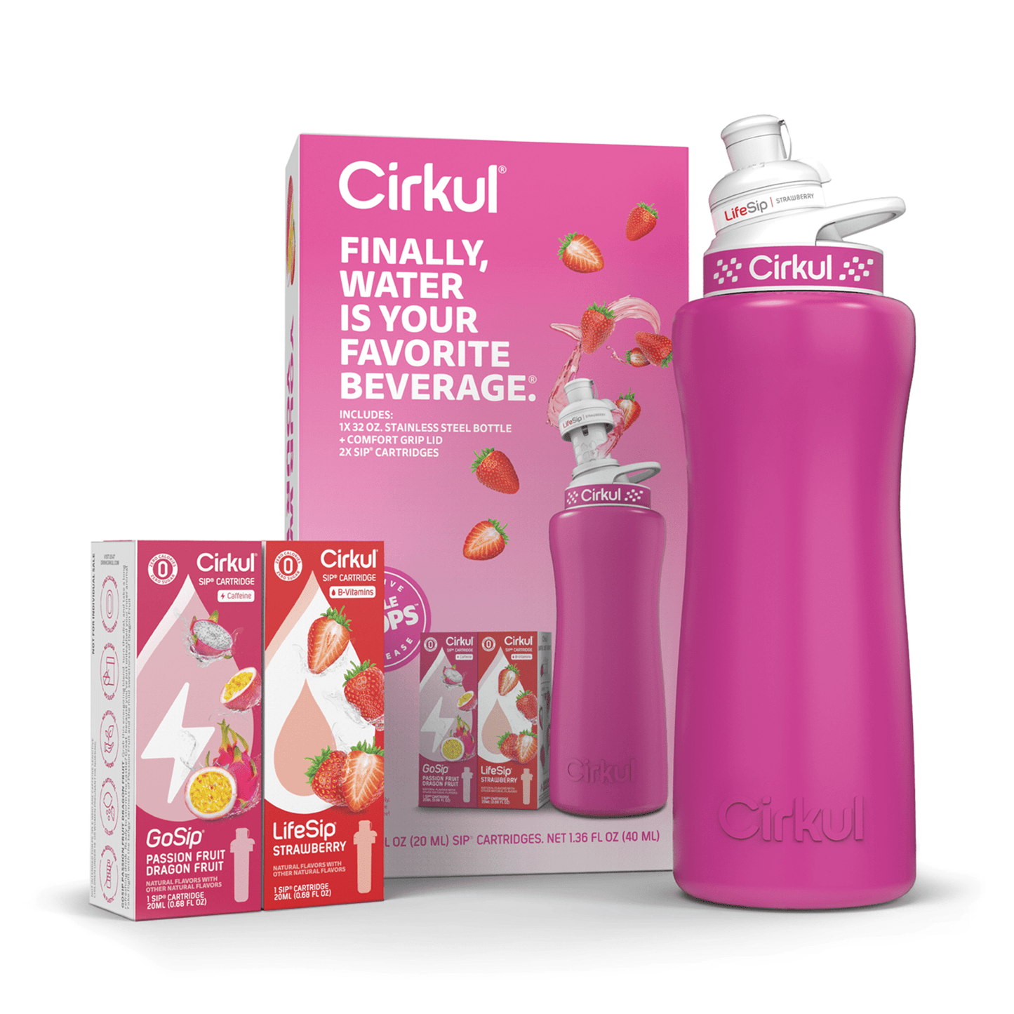 Cirkul 32oz Pink Stainless Steel Starter Kit with Pink & White Cirkul Lid 2.0 and 2 Flavor Cartridges (Strawberry & Passion Fruit Dragon Fruit)