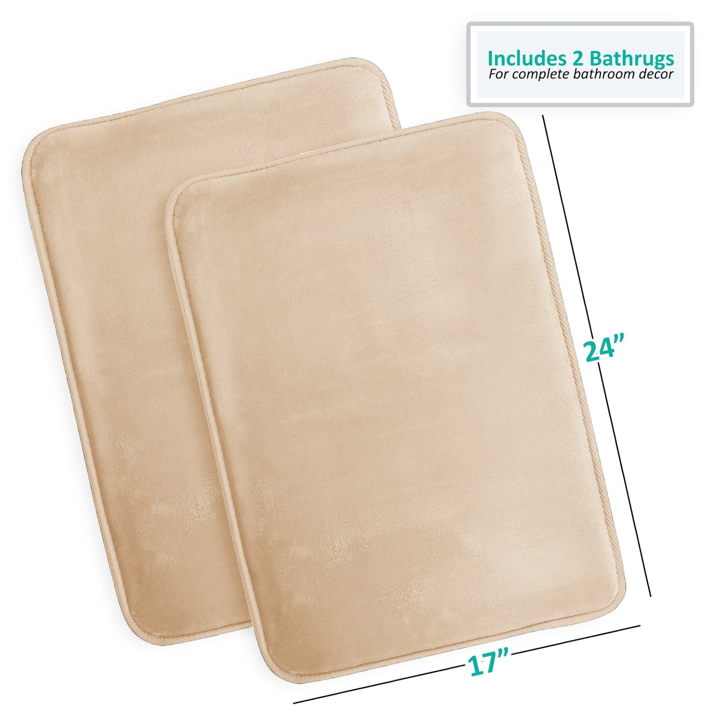 Clara Clark 2 Piece Memory Foam Bath Rug Set - 17x24 inch Bath Rugs, Beige