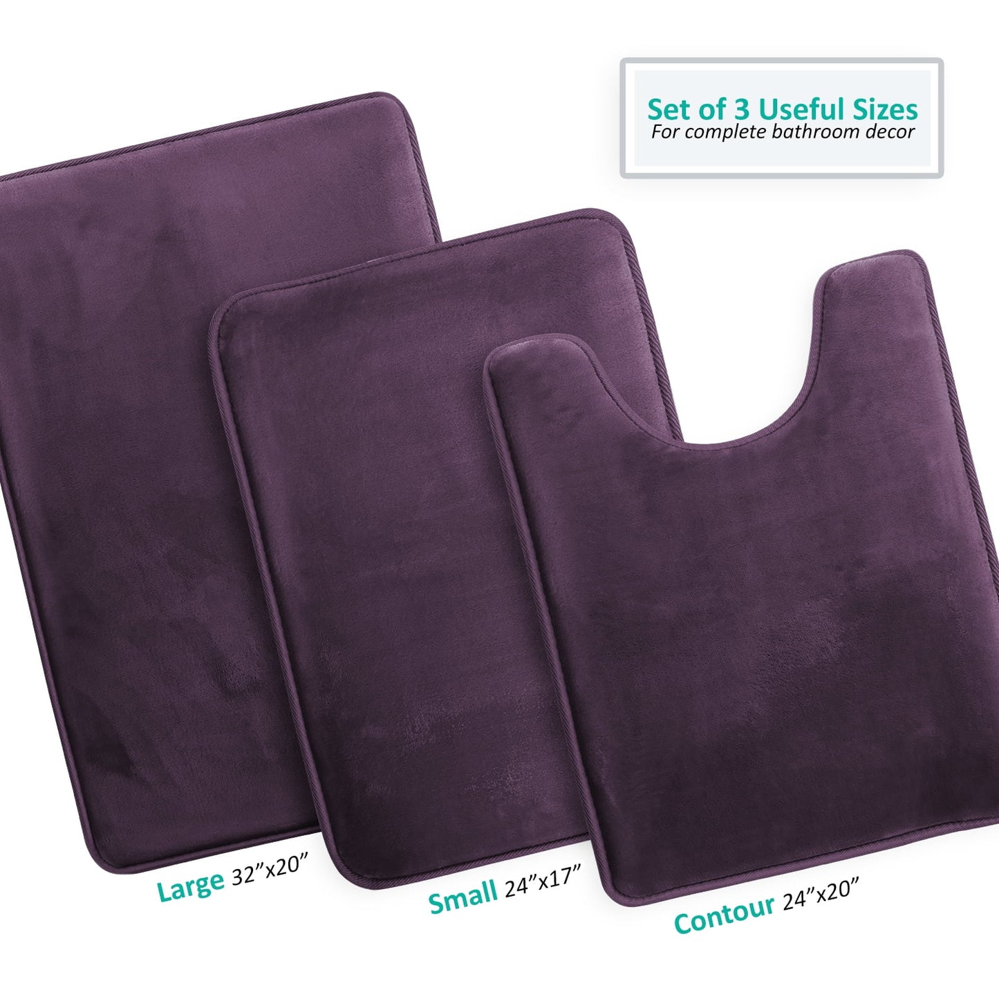 Clara Clark Juego de 3 Piezas de Tapetes de Baño Premium de Memory Foam - Incluye 20x32, 17x24, Tapete de Baño Contorneada, Tapetes Absorbentes para el Piso, Berenjena