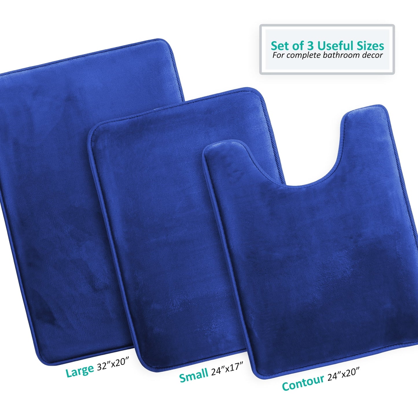 Clara Clark Set of 3 Absorbent Memory Foam Bath Mat Bathroom Rugs, 20x32, 17x24 and Contour Bath Rug, Royal Blue