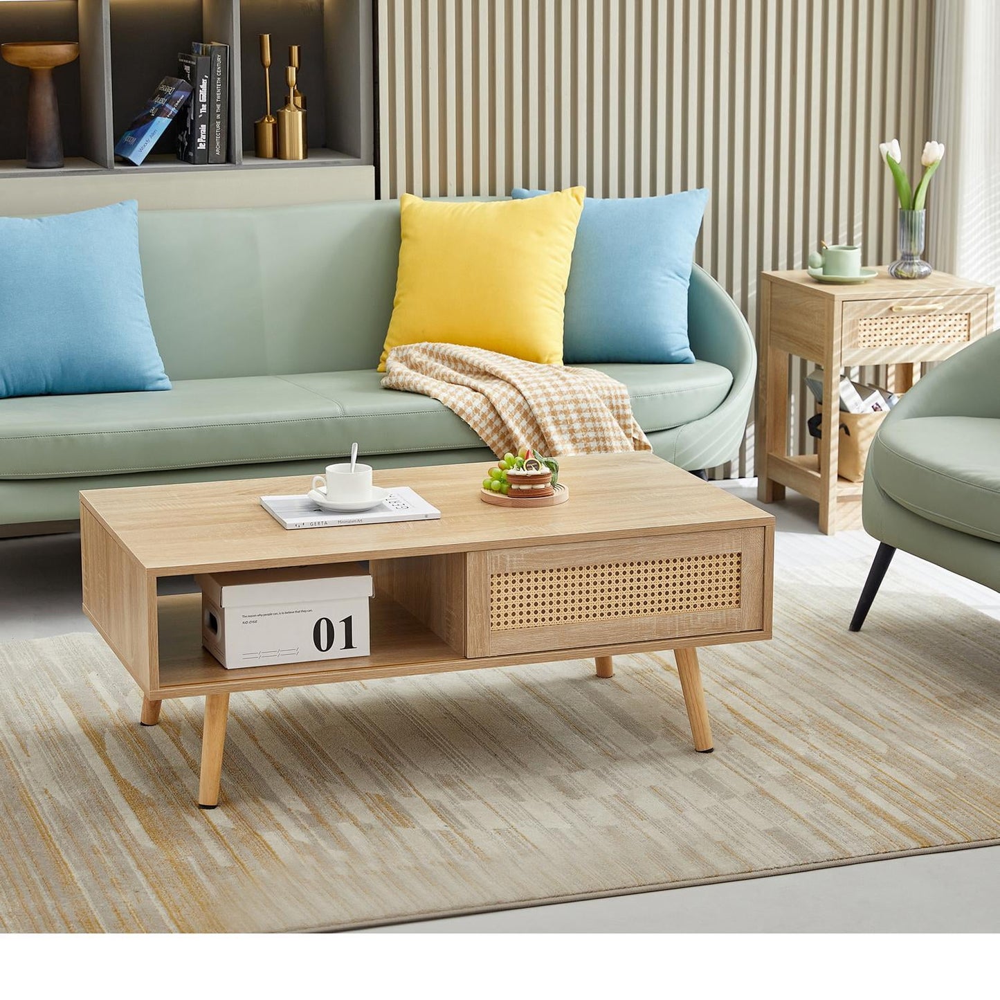 Coffee Table, Side Table, Console Table With Rattan Sliding Door Storage Solid Wood Legs Modern Design For Living Room Office, Natural MDF Table