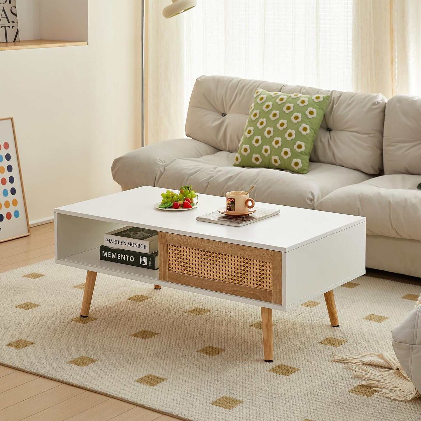 Coffee Table, Side Table, Console Table With Rattan Sliding Door Storage Solid Wood Legs Modern Design For Living Room Office, White MDF Table