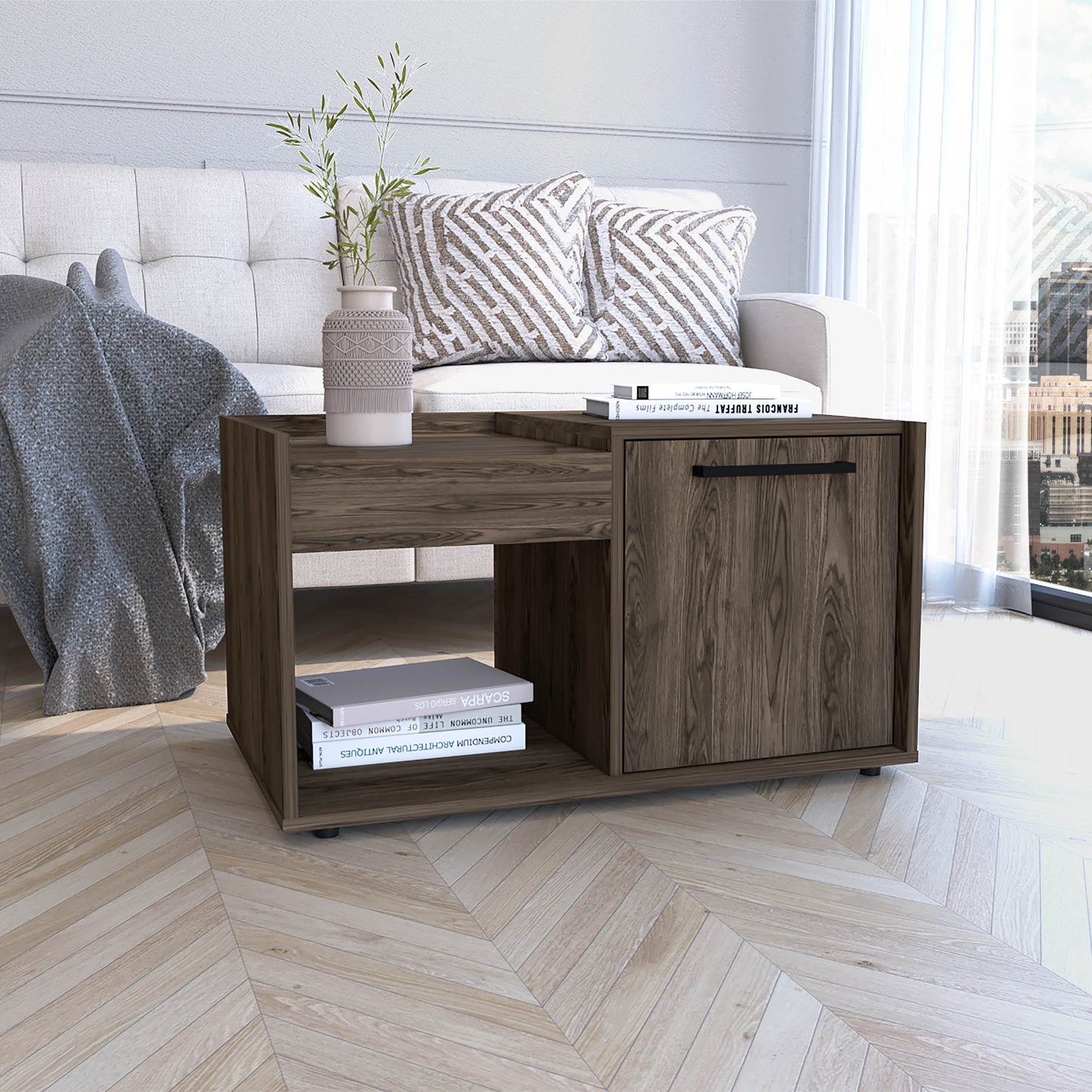 Coffee Table,Single Door Cabinet,One Open Shelf,Dark Walnut