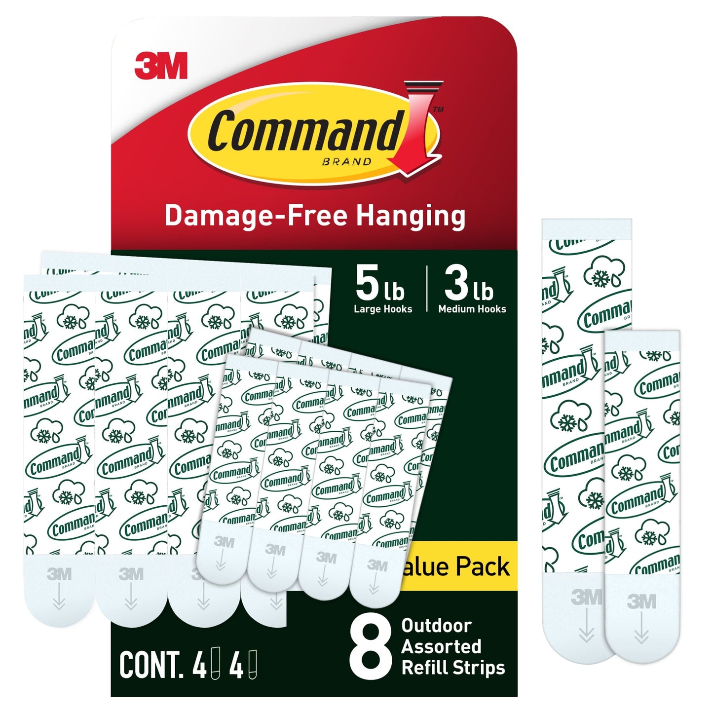 Command Tiras de Repuesto para Exteriores, para Ganchos de Pared, Baño, Todo Clima, 4 Medianas, 4 Tiras Adhesivas Grandes