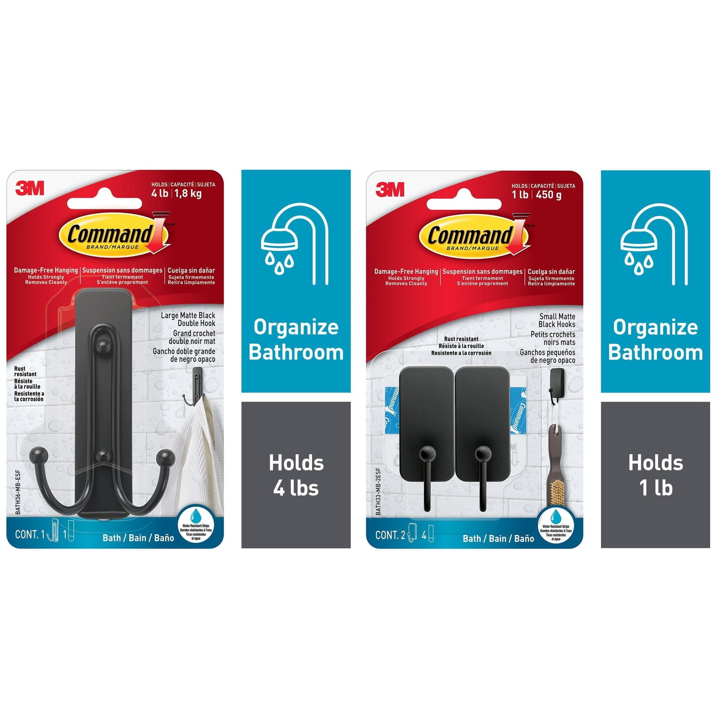 Command Bath Hook, Small, Matte Black, 2 Wall Hooks and Command Large Double Bathroom Wall Hook