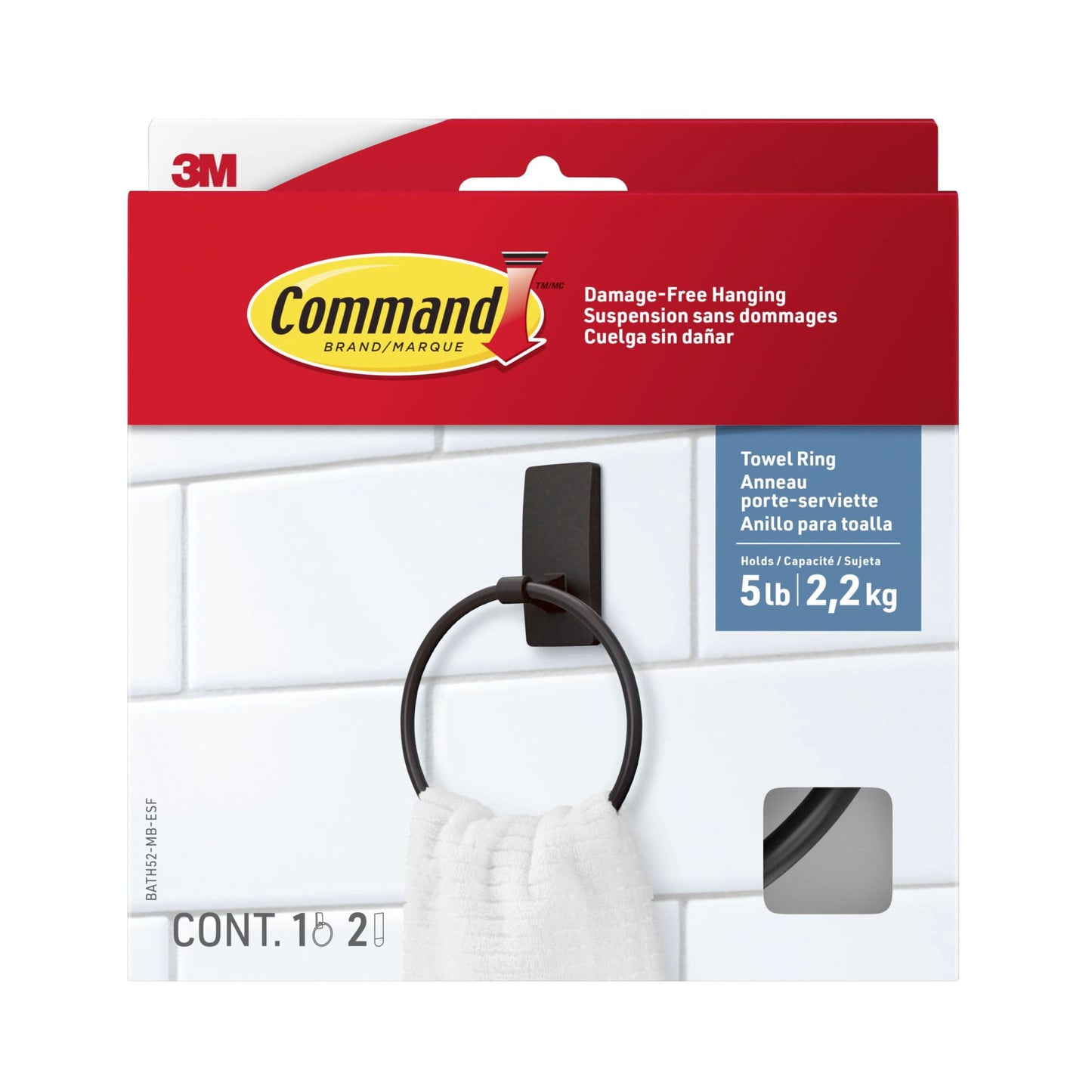 Command Bath Matte Black Towel Ring, 1 Towel Ring, Holds 5 lbs, 2 Strips, Adhesive Mount