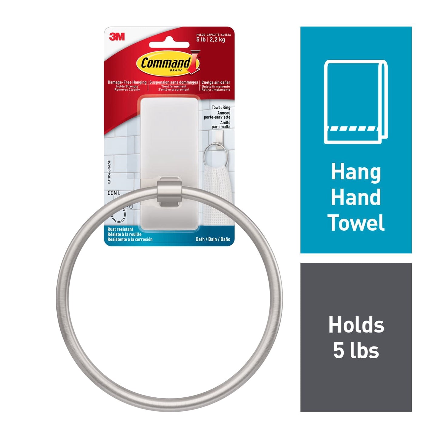 Command Bath Satin Nickel Towel Ring, 1 Towel Ring, Holds 5 lbs, 2 Strips, Adhesive Mount
