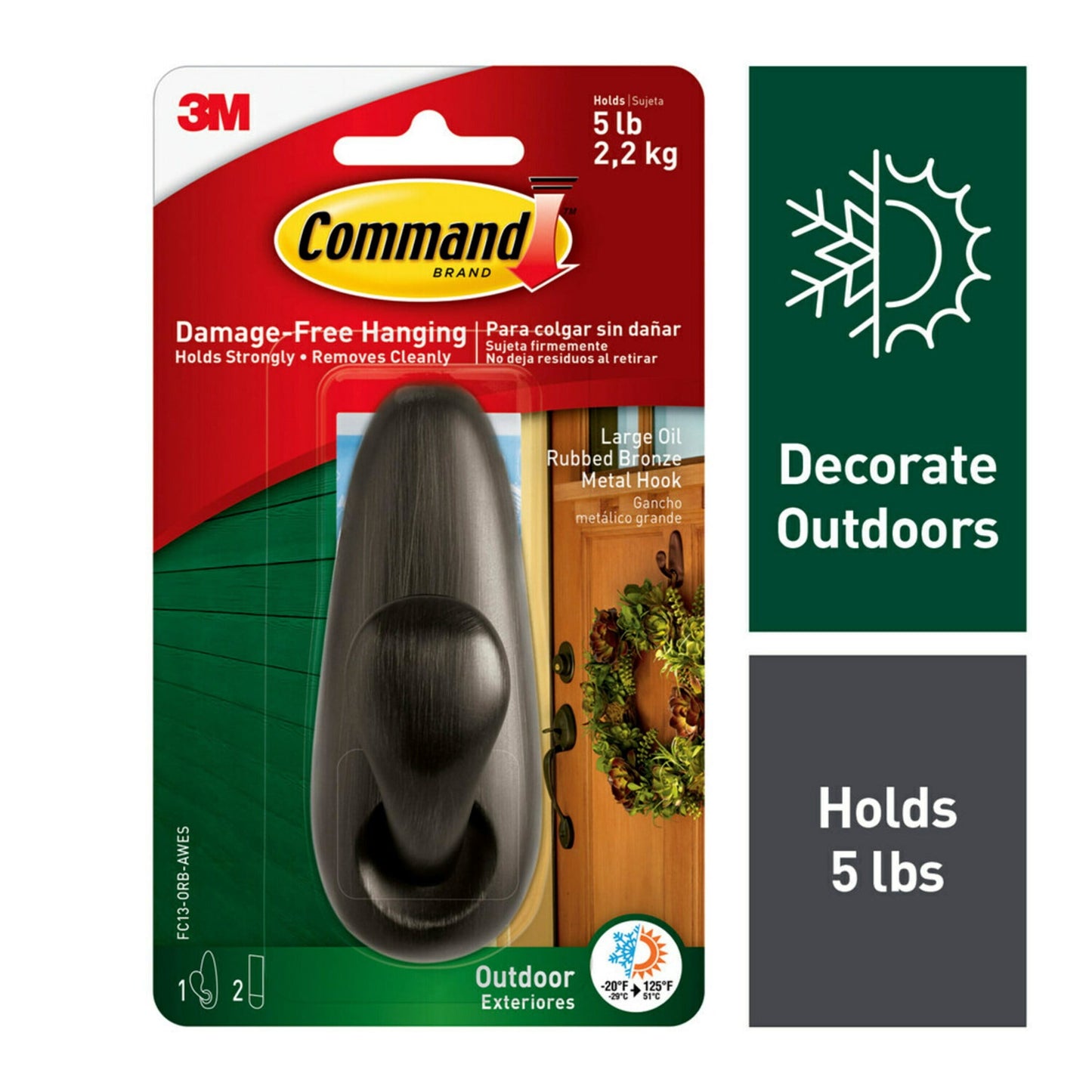 Command Outdoor Hook, Large, Oil Rubbed Bronze, 1 Wall Hook, 2 Strips/Pack