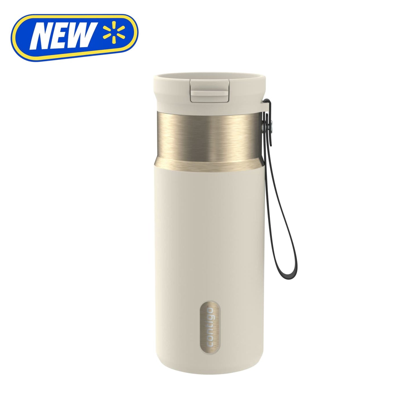Contigo SnapSeal Leakproof Stainless Steel Reusable Water Bottle with Carrying Strap, Cream/Champagne, 16 oz