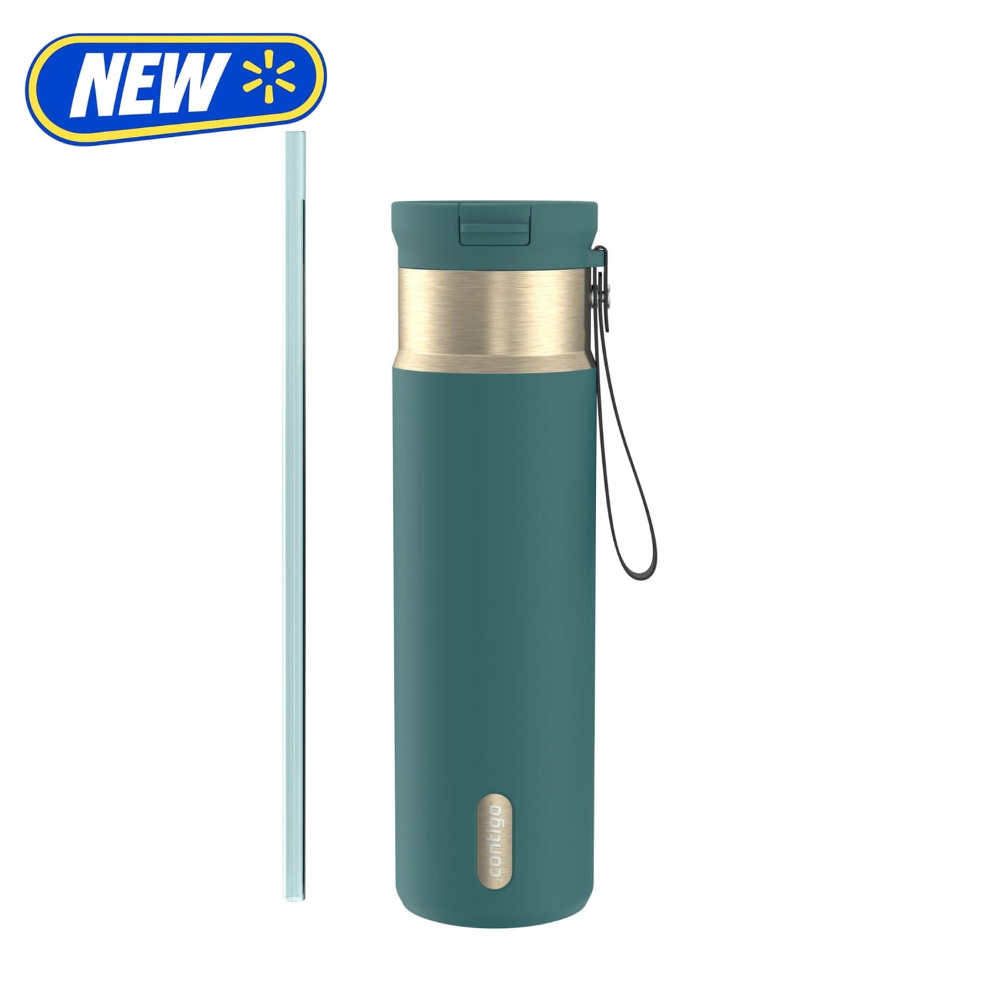 Contigo SnapSeal Leakproof Stainless Steel Reusable Water Bottle with Carrying Strap, Teal/Champagne, 24 oz