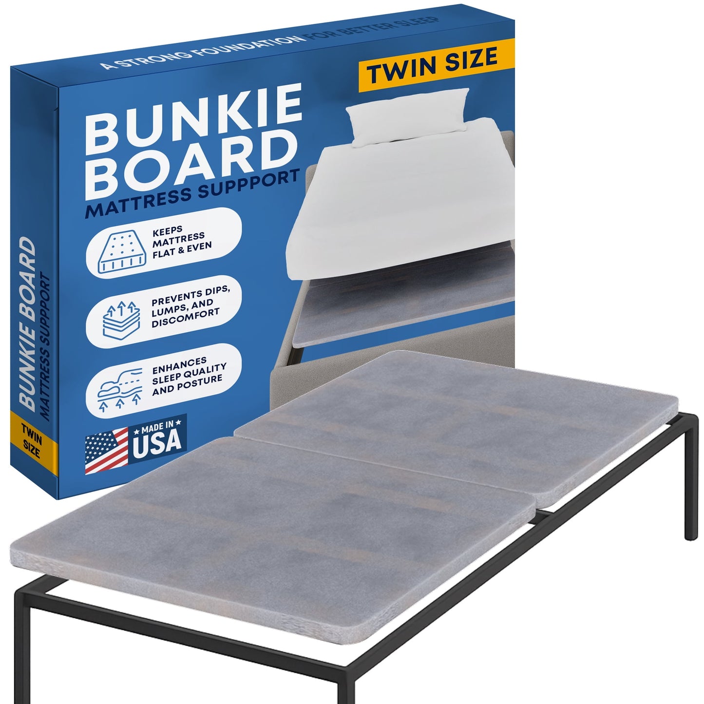Continental Sleep, Premium 38mm Split Wood Bunkie Board Twin Size Bed, 2-Piece Under Mattress Support Board, Fabric Ventilation Cover, Replaces Wooden Slats or Box Spring for Bed Frames