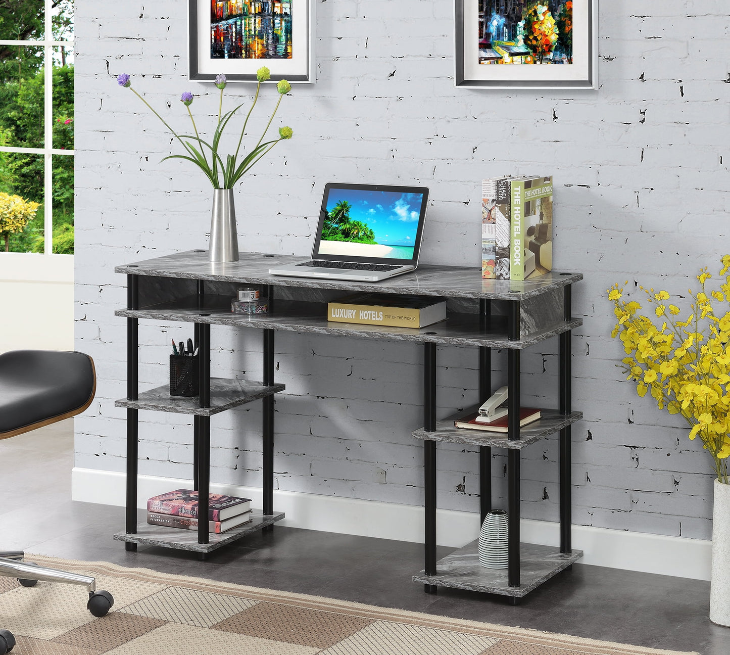 Convenience Concepts Designs2Go 30" Tall No Tools Student Desk w/ Shelves, Gray Faux Marble/Black