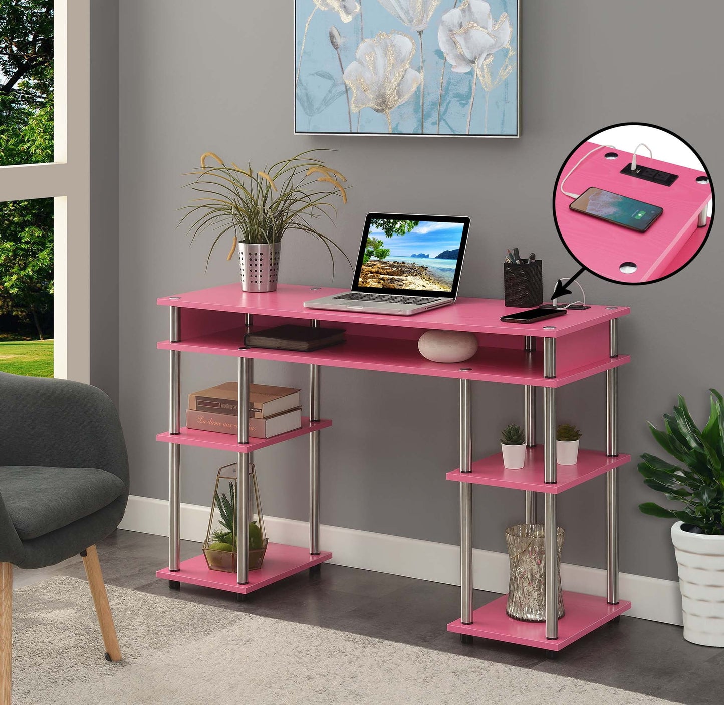 Convenience Concepts Designs2Go No Tools 30" Tall Student Desk w/ Charging Station and Shelves, Pink