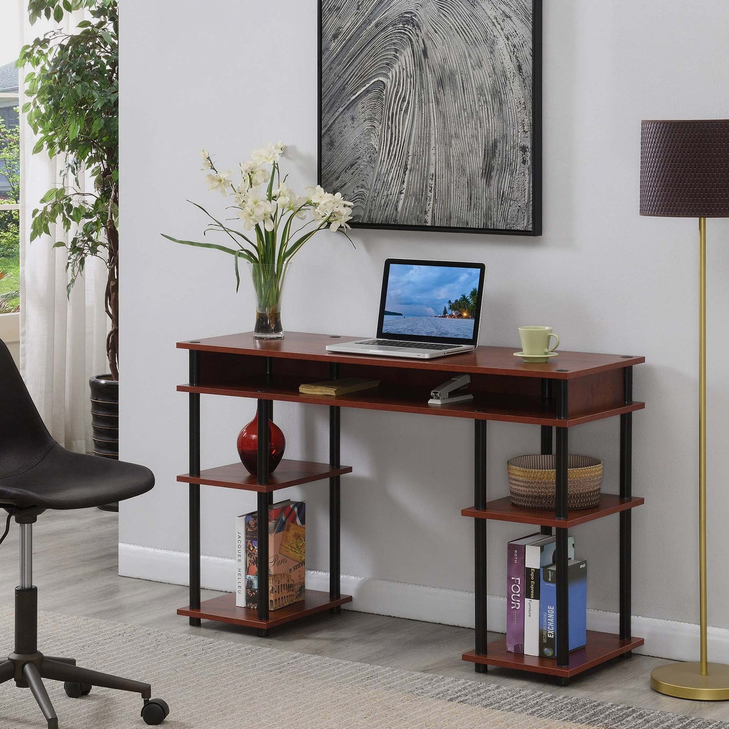 Designs2Go No-tools Student Desk in Cherry Wood Finish and Black Poles