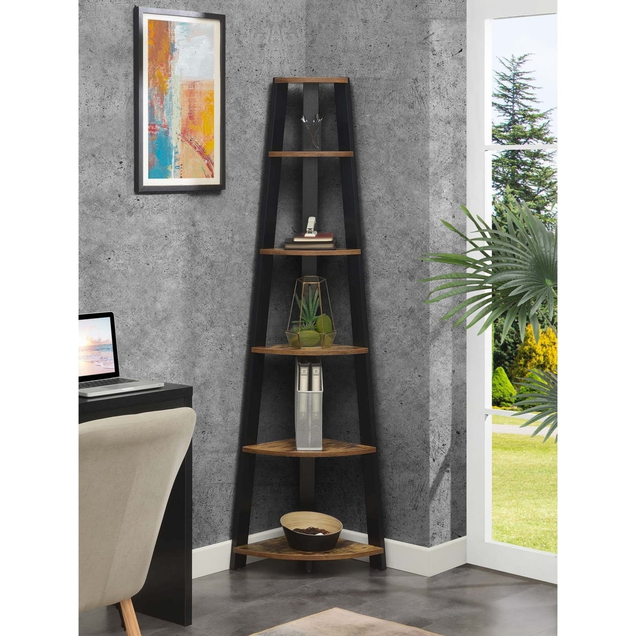 Convenience Concepts Newport 6 Tier Corner Bookshelf, Barnwood/Black